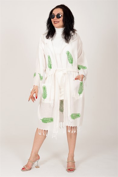 Ekru Kapüşonlu Bel Kuşaklı Palmiye Desenli Eteği Püsküllü Uzun Kimono