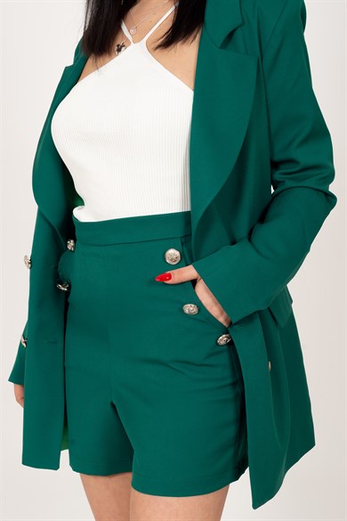Zümrüt Yeşil Şort Düğme Detaylı İçi Astarlı Blazer Ceket Takım